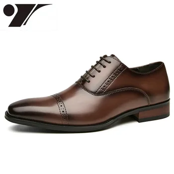 Кожени обувки, мъжка мода обувки от естествена кожа, нова бизнес официалната мъжки обувки дантела с дърворезба, мъжки дизайнерски обувки, мъжки модел обувки