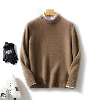  Нов вълнен пуловер, мъжки пуловер с кръгло деколте, най-2022, есенно-зимния сгъсти вязаный пуловер, ежедневни свободна яке от 100% чиста вълна