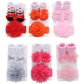  1 Комплект за Новородено Шарени Едноцветни Дантелен Бебешки Чорапи С Лък Принцеса, Сладки Бебешки Чорапи, Превръзка на Главата, Комплект