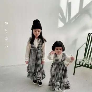  модули японски корейски пролет есен каишка момичета рокля памук бельо каре прашка колеж стил листа на лотос подгъва на сестра дълги рокли