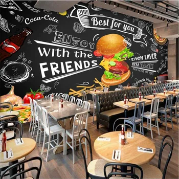  Заведения за бързо хранене в западен стил Индустриален Декор на 3D Стенни Тапети Бургер, пържени Картофи Печено Пиле Пица Ресторант Снек-бар Тапети 3D