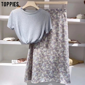  toppies 2021 летен комплект от две части, дамски къси комплекти, спално бельо, памучни блузи + шифоновые поли с флорални принтом