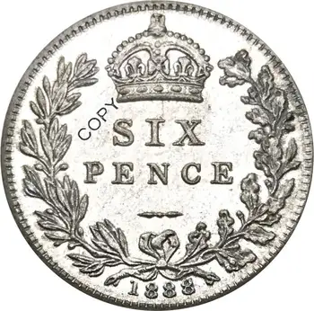  Великобритания 1888 VIATORIA DEI GRATIA BRITT REGINA ШЕСТИПЕНСОВАЯ Латунная сребърно покритие Копирни Монета