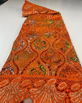  (5 ярда/бр) Красива оранжева лейси лейси плат в африканския стил с бродерии, пайети, най-новият дизайн за рокли FXZ132