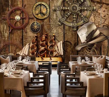  Потребителски тапети 3d стенопис ретро ностальгическая дървена дъска волана на морска тема ресторант инструменти тапети начало декор тапети
