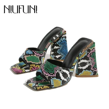  NIUFUNI елегантни дами рокля обувки Мода Змия модел с отворени пръсти квадрат, триъгълник токчета на жените сандали, чехли приплъзване на слайдове
