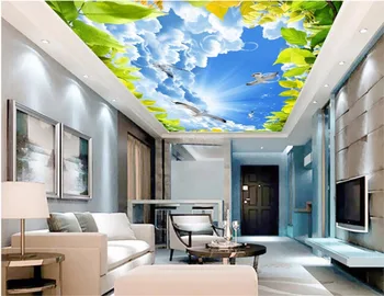  Потребителски 3d таван стенописи тапети начало декор живопис небето облак гълъби зелени листа 3d стенописи тапети за хола