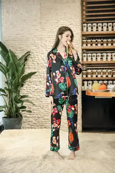  Нова Копринени Пижами Дамски Пролетни Панталони с дълги ръкави Костюм за домашен обслужване Bielizna Nocna