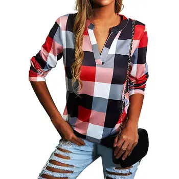  2021 Дамски Новата есенна риза, тениска в клетка с принтом, Отгоре с V-образно деколте и дълъг Ръкав, Ежедневни Свободна Женска тениска Голям Размер, Camiseta Mujer