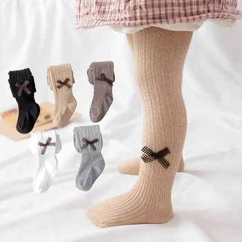  От 1 до 12 години, детски памучни Чорапогащници за малки момичета, пролетно-есенно-зимни Чорапогащник с лък, Детски Плетени чорапогащи с яка, Зимни Дрехи