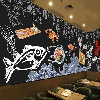  Изработена По Поръчка Ръчно Рисувани Японски Специалитети и Суши Ресторант 3D Черен Фон Тапети Стенопис Izakaya Индустриален Декор на Тапети Хартия 3D