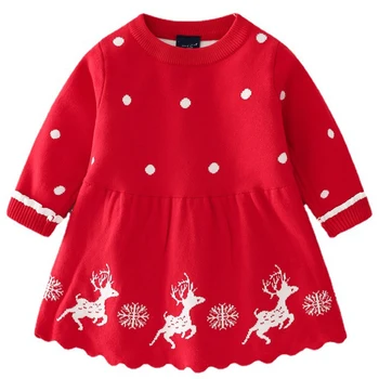  Рокля-пуловер за момичета, Коледна рокля с изображение на Елен, 2021, Нова рокля на Принцеса за Момичета, Вязаная Дрехи, Празнична Дрехи за деца, Детска рокля от 3 до 8 години