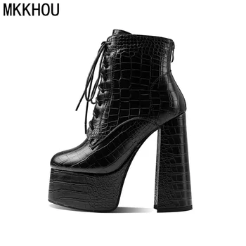 MKKHOU/Модни полусапожки; женски нови четырехсезонные обувки с кръгло бомбе и каишка платформа; Ботильоны на много висок ток; по-Големи Размери 34-43