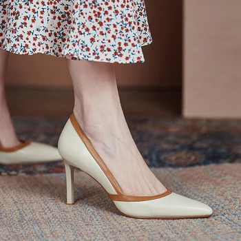  Дамски обувки 2022 г., тенденция на обувки-лодка на ток 8 см във френски стил в стил мозайка, офис дамски сандали без скоби от фина кожа на висок ток с остър пръсти