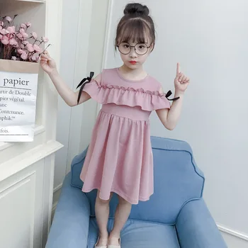  Лятна рокля за момичета, Корейското Детско Сладка рокля от Листа на Лотос на Раменете, Детски Дрехи 5-9 Години