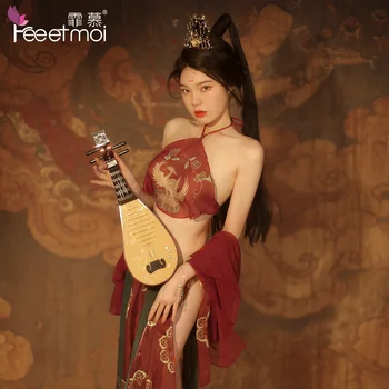  Китайски летящи екзотичен костюм, шифоновая секси дълга пола с цепка отстрани, бродирана червена лента на корема, ретро высококлассное секси бельо, cosplay