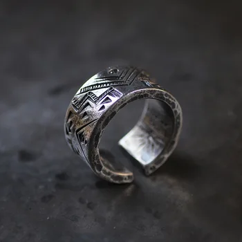  Дизайнерско, оригинално ново тайское сребърен пръстен с ръчно гравиран, който отваря тераса, регулируем пръстен, ретро тенденция мъжки бижута