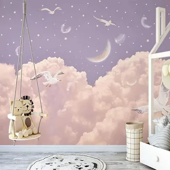  Фотообои Скандинавски Ръчно Рисувани Розови Облаци Пера на Звездното Небе Стенопис 3D Романтичната Детска Стая Фон Стенни Живопис