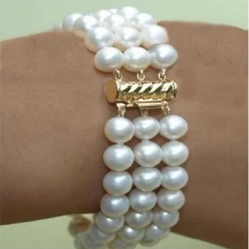  Ръчно навързани 3 реда 8-9 мм бял сладководни перла гривна 20 см за жени, модни бижута