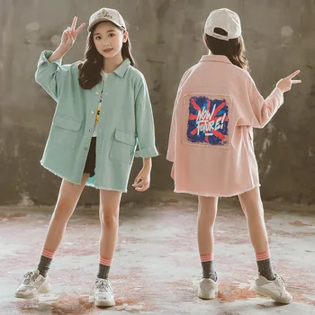  Есенното яке за момичета, джинсовое Палто 2020 г., Нов Стил, детска жилетка в корейски стил за по-големите деца, дънкови палта за момичета, градинска облекло