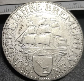  1927 Германия-1871-1948 5 Рейхсмарка Bremerhaven сребърно покритие Копие на Рядка монета