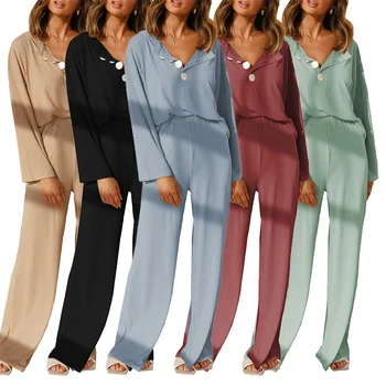  2021 Женски Комплект Нощни Ризи От две части, Ежедневна Мода Однотонная Пижами, Костюм За Почивка С Дълъг Ръкав