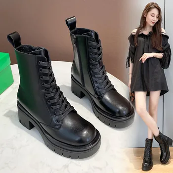  Дамски модни обувки в британски стил, за партита и нощен клуб, чубрица обувки на висок ток, черни обувки от естествена кожа, обувки на платформа, къси ботас