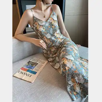  Пола на подтяжках с принтом в ретро стил за жени, лято 2021, ново шифоновое тънката рокля с висока талия и цветен модел, сексуална празнична пола