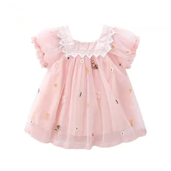  Рокли за момичета, Летни Красиви Дантелени Рокли с ръкави-фенерчета и Бродерии, Облекла За Бебета, Бебешки Бална Рокля от 0 до 4 години, розов, бял
