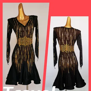  ново висококачествено черна рокля за латино състезания, Румба, ча-ча-ча, салса, танго, златна рокля за танци с кристали, S-XXXL, lq233