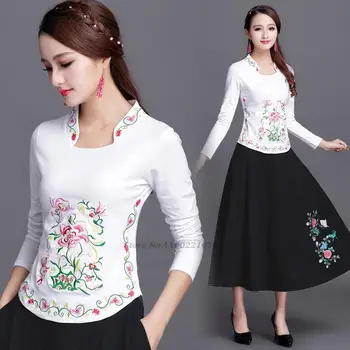  2022 традиционната китайска жена ханьфу дамски етническа риза с елегантна бродерия на цвете ретро ориенталски костюм тан китайската базова риза