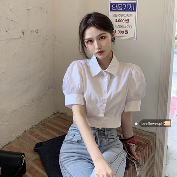  Блуза с пузырчатым ръкав дамски лятна нова бяла блуза къс корейската версия на блузи