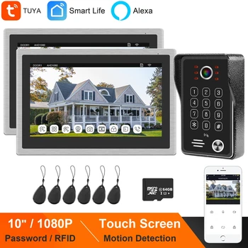  Видео домофон HomeFong WiFi, Работи с Алекса, 2 сензорни екрана, Sasha Smart App Control, Камера на крилото на разговора 1080P, отключване с парола RFID