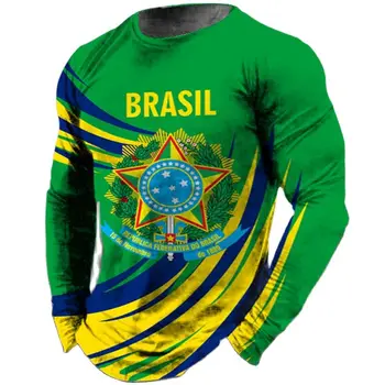  EU 5XL Графичен Ретро Флаг на Бразилия, Мъжка Тениска с Дълъг Ръкав, Памучен Свободна Тениска, Мъжки t-shirt, Пролет, с по-Големи Размери, Мъжки