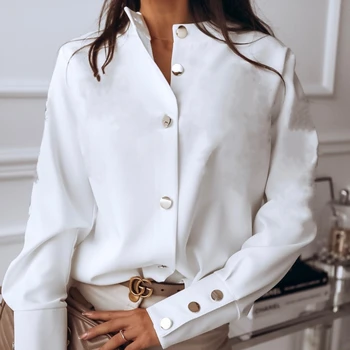  2021 Есенна Проста дамски модни Однотонная Однорядная риза с дълги ръкави и няколко копчета директно тип, Темпераментен Риза, Топ За жени
