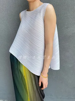  Changpleat/ Годишен Основен Плиссированный Жена Топ Анна fold, Модни свободни тънки нередовни универсални тениски без ръкав, с кръгло деколте