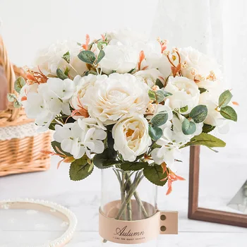  Красиви Изкуствени цветя, Хортензия, Рози се Използва За семейна Сватбена Украса Висококачествен Есенен Букет от Божур Фалшив Цвете