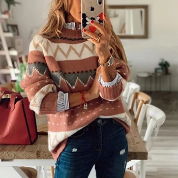  Жена пуловер, есенно-зимния нов пуловер с дълги ръкави, отгоре с кръгло деколте, контрастен женски пуловер размер на плюс в ретро стил