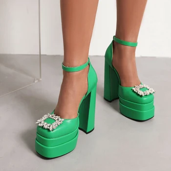  Дамски сандали-лодка в масивна обувки, летни обувки на Дебел висок ток и платформа, Зелен кристал цвете, Голям Размер на 43
