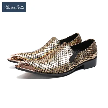  Christia Bella/ Дизайнерски Златни Мъжки Вечерни Сватбени Обувки От естествена Кожа, С Метална Бомбе, по-Големи Размери, Бизнес обувки с перфорации тип 