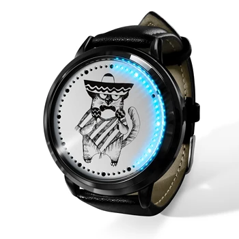  Най-добрите Луксозни сини led Светлинен часовник със сензорен екран, черно-бял циферблат с принтом Котка, Мъжки часовници за подарък