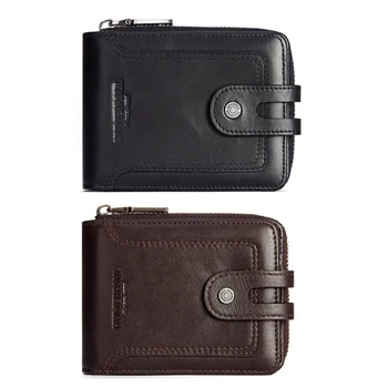  RFID Двойна Мъжки Портфейл От Телешка Кожа с Цип Ретро Пътен Чантата С Няколко Притежатели на Карти