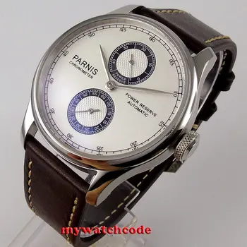  43 мм Parnis бял/син циферблат хода Състав Indiactor кожена каишка автоматично мъжки часовник Relogio Masculino