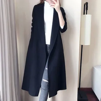  Новост 2019, пролетно-есенни женски вълна палто, модерно яке с вълнена отложным яка и пояс, по-големи размери, дамски елегантни палта с Дълъг ръкав
