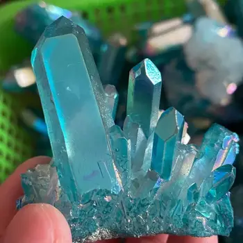  естествен син ангел аура кристал клъстер галванично титановое покритие кварцов клъстер изцеление камък