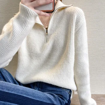  Европейските стоки, есен и зима добавете дебел пуловер с висока воротом дамски свободна външна облекло чист цвят вълнени вязаный спускане рекреати