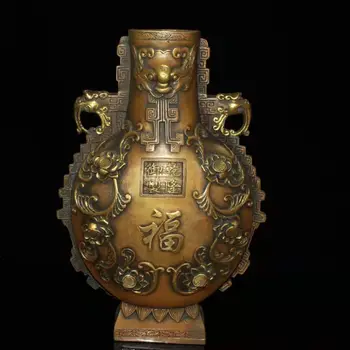  Много е рядка на Династията Цин (QianLong1711-1799) медна ваза с изображение на Лотос и животни, Безплатна доставка,