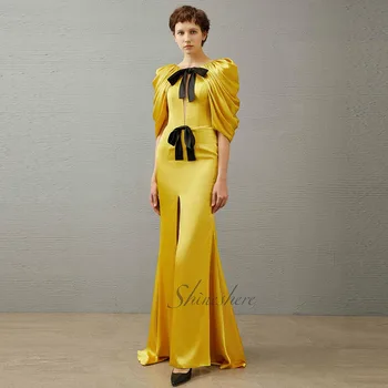  Вечерна рокля Jusere елегантна вечерна рокля с пищни ръкави жълто вечерна рокля с стреловидным влак
