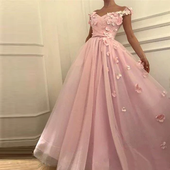  Розови Рокли за Бала с открити рамене цветчета и Перли, Бална рокля, Вечерни рокли за специални Случаи, Официални дрехи
