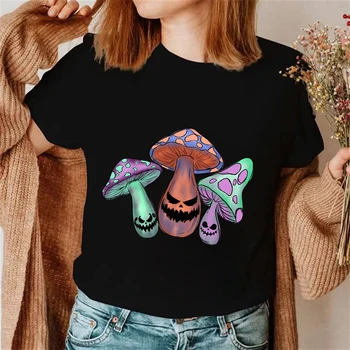  Тениска с изображение на Гъби Дявола, Облекло, Риза в стил харадзюку, Женска тениска, Тениска с гъбен Дявола, Ежедневни дамски Черни Тениски, Потници